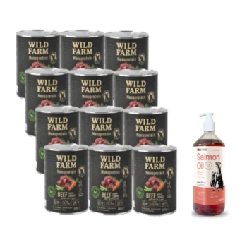 WILD FARM Monoprotein Beef 12x800g υποαλλεργική τροφή για σκύλους + Lab-V Salmon Oil 100% For Dogs and Cats of All Ages 1000 ml Cold Pressed