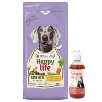 VERSELE-LAGA Happy Senior με Κοτόπουλο 12.5kg - τροφή για ηλικιωμένους σκύλους με κοτόπουλο + λάδι σολομού LAB V για σκύλους και γάτες 500ml