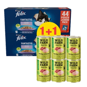 WILD FARM Premium Χωρίς Σιτηρά Αγριογούρουνο και Κοτόπουλο 6x400g + Felix σε ζελέ φακελάκι Μείγμα Κρέατος 44x85g 1 +1 ΔΩΡΕΑΝ