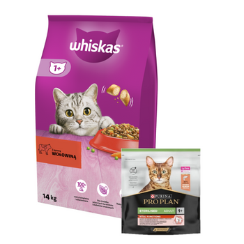WHISKAS Ξηρή τροφή για γάτες 1+ με βοδινό κρέας 14kg + PRO PLAN Τροφή για γάτες ενηλίκων 400g - τυχαία παράδοση