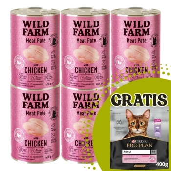 WILD FARM Pate με κοτόπουλο 6x400g - τροφή για γάτες χωρίς γλουτένη + PRO PLAN Adult cat food 400g - τυχαία παράδοση