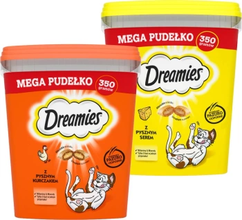 DREAMIES Mega Κουτί 2x350g – συμπληρωματική τροφή για ενήλικες γάτες, με νόστιμο κοτόπουλο / με νόστιμο τυρί