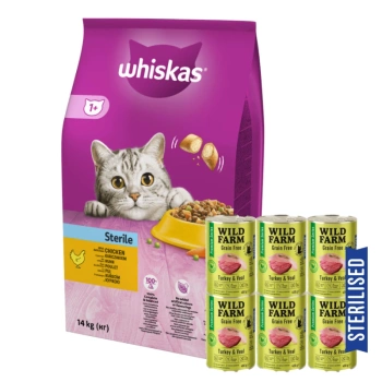 WHISKAS Ξηρή τροφή για γάτες 1+ αποστειρωμένη με κοτόπουλο 14kg + WILD FARM Premium Grain Free με γαλοπούλα και τελεάλ 6x400g
