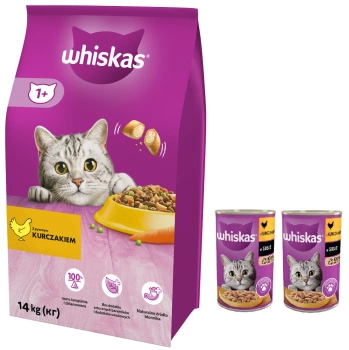 WHISKAS Ξηρή τροφή για γάτες 1+ με κοτόπουλο 14kg + 2xWHISKAS Υγρή τροφή 1+ με κοτόπουλο σε σάλτσα 400g