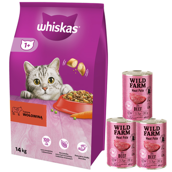WHISKAS Ξηρά τροφή για γάτες 1+ με μοσχάρι 14kg + WILD FARM Pate 3x400g