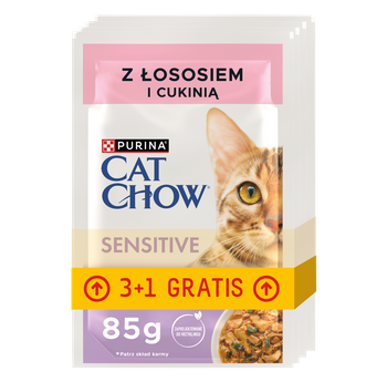 CAT CHOW Ευαίσθητη τροφή για γάτες με σολομό και κολοκυθάκια σε σάλτσα 4x85g (3+1 ΔΩΡΕΑΝ)