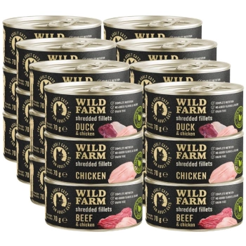 WILD FARM Fillets Mix of flavours 24x70g - gabonamentes nedves macskaeledel, filé húslevesben