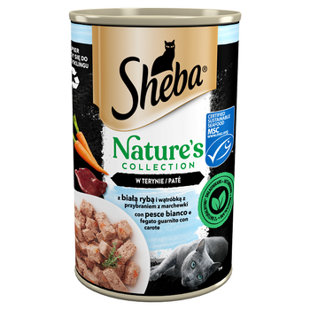 Κονσέρβα SHEBA 400 g Nature's Collection - υγρή πλήρης τροφή για ενήλικες γάτες, με λευκό ψάρι και συκώτι με γαρνιτούρα καρότο, σε τερίνα
