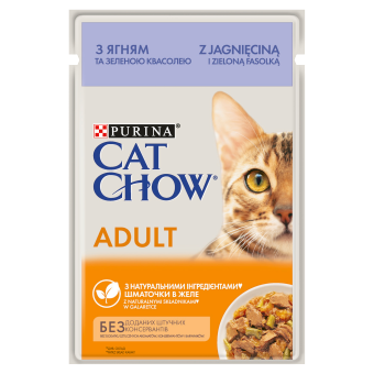 PURINA Cat Chow Τροφή για ενήλικες γάτες με αρνί και πράσινα φασόλια σε ζελέ 85g