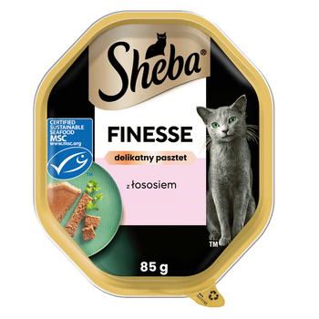 SHEBA Finesse tray 85 g - υγρή πλήρης τροφή για ενήλικες γάτες, με σολομό, σε πατέ
