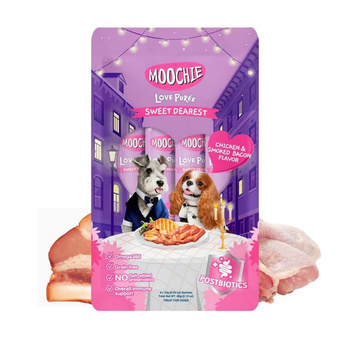 MOOCHIE Love Puree Κοτόπουλο και Καπνιστό Μπέικον 4x15g Λιχουδιά για σκύλους με γεύση κοτόπουλου και καπνιστού μπέικον