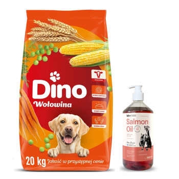 Ξηρά τροφή για σκύλους DINO με μοσχάρι 20kg + λάδι σολομού Lab-V 100% για σκύλους και γάτες όλων των ηλικιών 1000 ml ψυχρής έκθλιψης