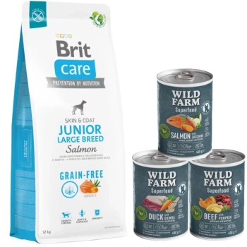 BRIT CARE Dog Grain-free Junior Large Breed Salmon 12kg + Wild Farm Superfood MIX Smaków 3x400g