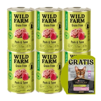 WILD FARM Premium Grain Free Χοιρινό και Τόνος 6x400g - τροφή για γάτες χωρίς σιτηρά + PRO PLAN τροφή για ενήλικες γάτες 400g - τυχαία αποστολή